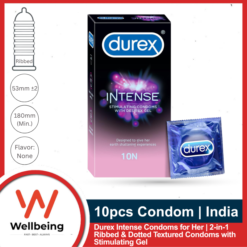 Condom Ribbed (2) Durex Intense Condoms for Her 10pcs Pack | Ribbed & Dotted Condoms with Stimulating Gel | India - Image 1
