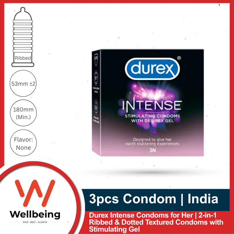Condom Ribbed (3) Durex Intense Condoms for Her 3pcs Pack | Ribbed & Dotted Condoms with Stimulating Gel | India - Image 1